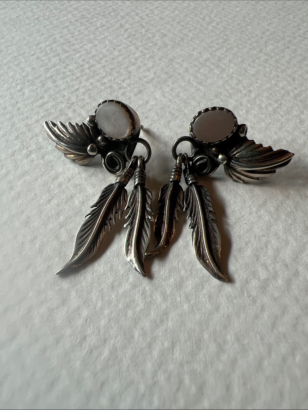 Vintage Navajo Sterling Silver Mother of Pearl Feather Dangle Earrings